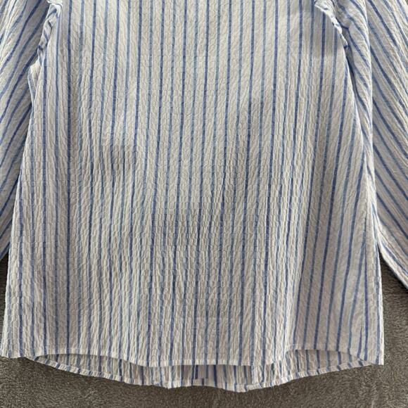 TheGET Top Womens S White Blue Striped Ruffle Button Up Crew Neck Preppy Career - Picture 8 of 12